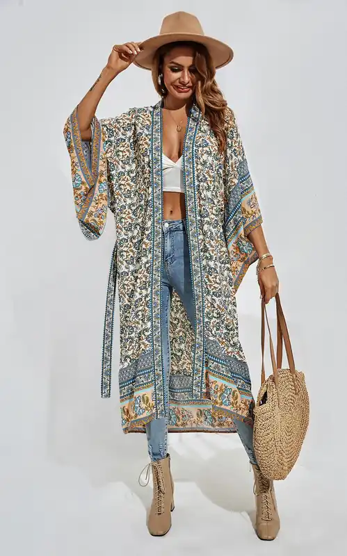 Relaxed Cotton Kimono In Blue Floral - FS Collection