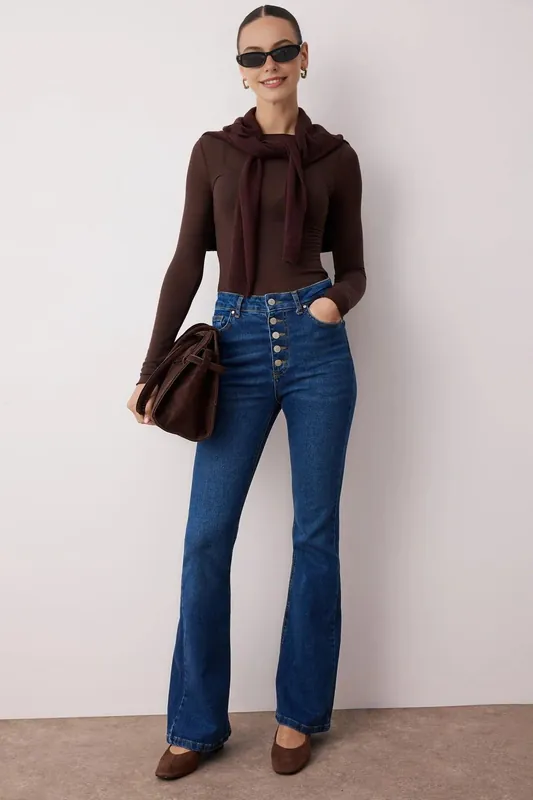 High Waist Flare Jeans with Button Front - WOVCOR