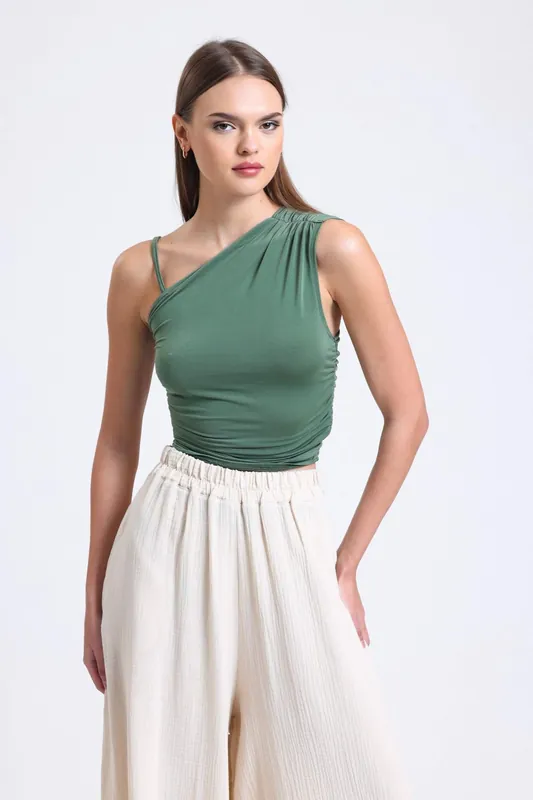 One Shoulder Jersey Strappy Crop Top with a Ruched Detail - Hiccup