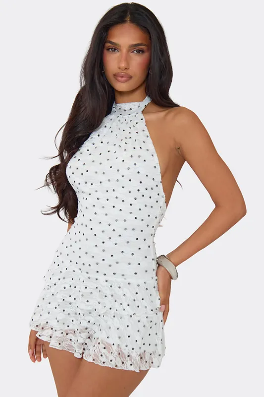 Sleeveless High Neck Open Back Polka Dot Lace Playsuit - EGO