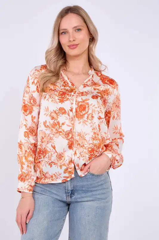 Orange Floral Print Satin Blouse - Love Sunshine