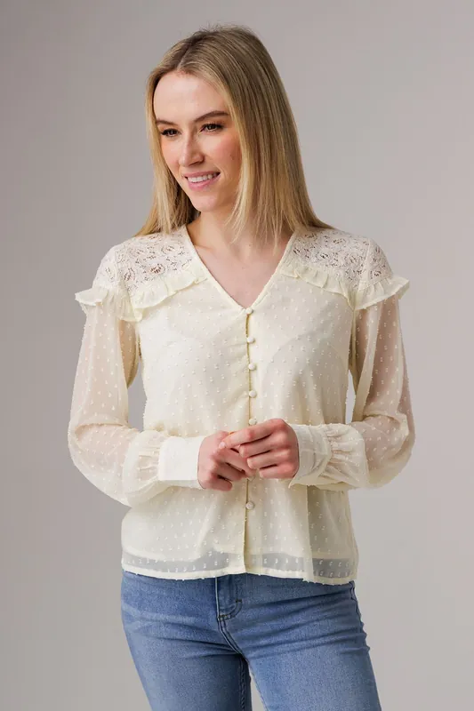 Lace Semi-Sheer Long Sleeve Ruffled V-Neck Blouse