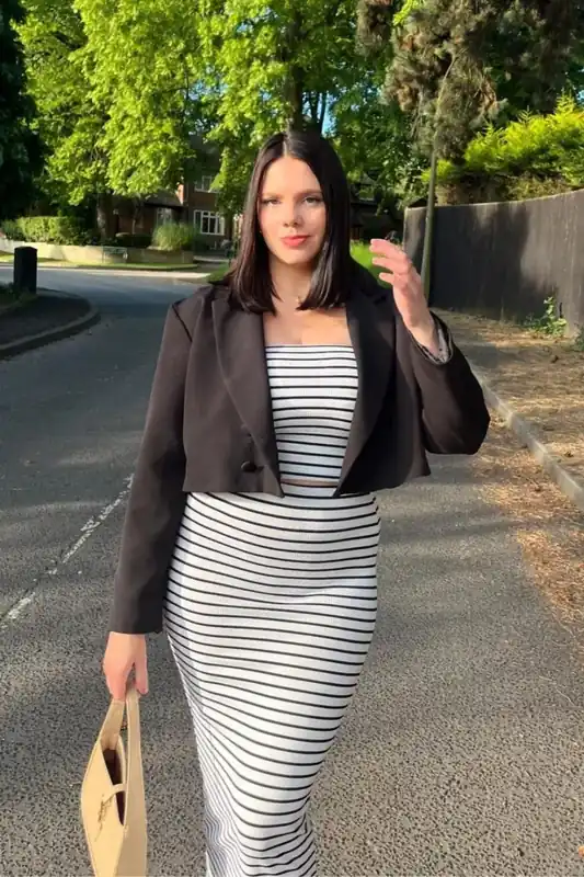 2 Pieces: Striped Strapless Crop top & Striped Mid Rise Midi Skirt - Hiccup