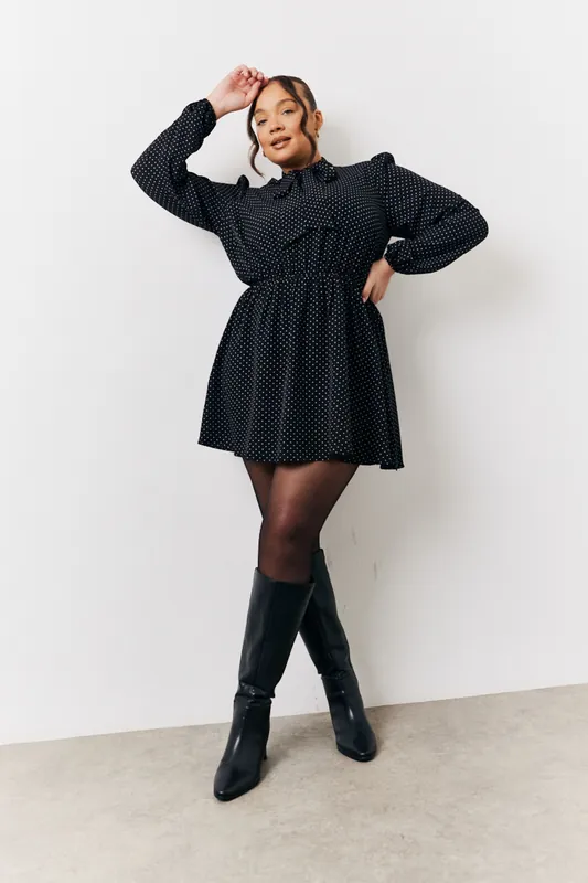 Black Polka Dot Mini Dress with Tie Neck - In The Style