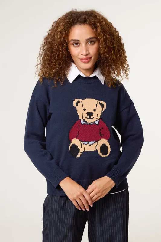 Navy Round Neck Bear Jumper - Blue Vanilla