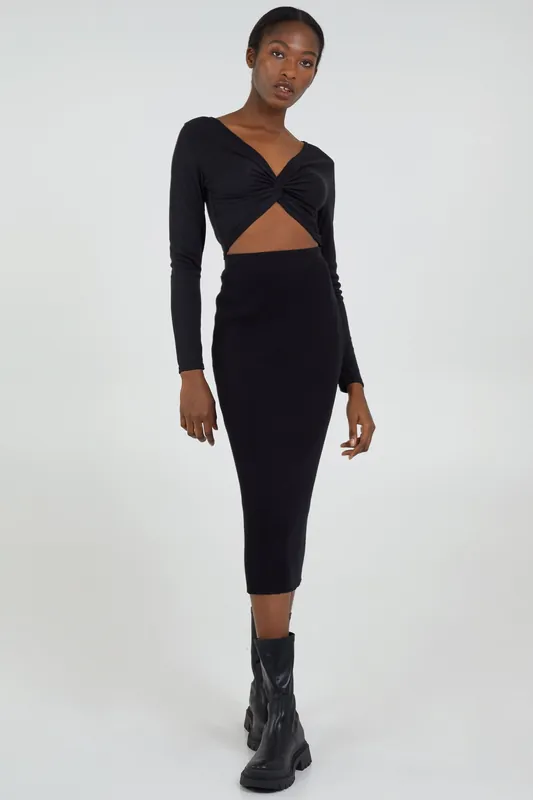 Black Knot Front Long Sleeve Ribbed Top - Pink Vanilla