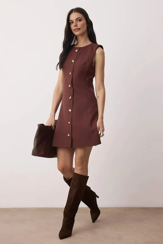Mini Woven Shift Dress with Button Accessory Detail - WOVCOR