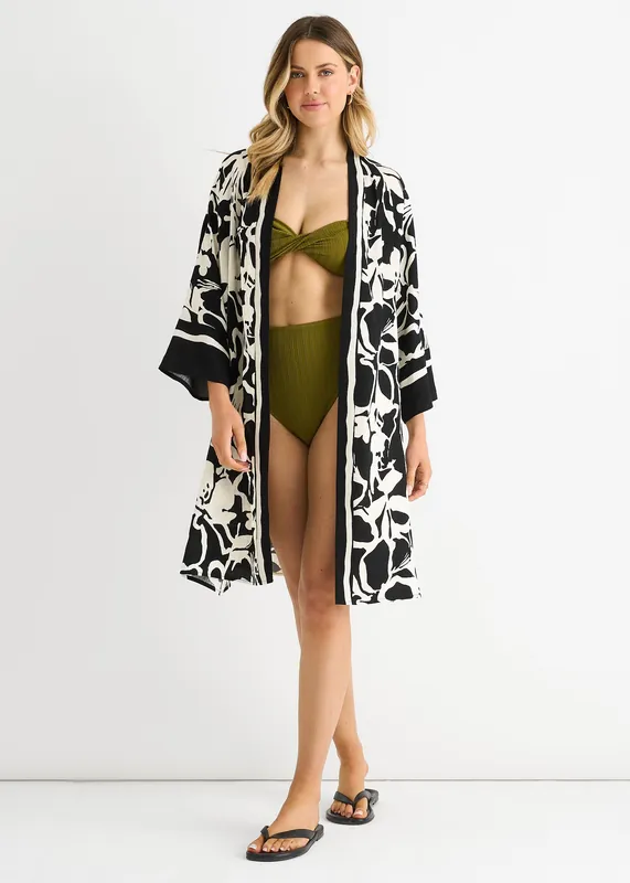 Black Summer Border Printed Beach Kimono - Gini London