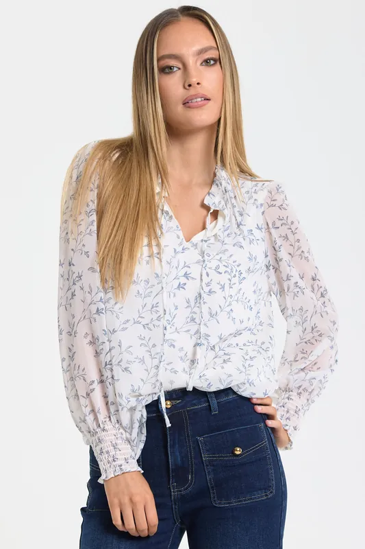 Blue Vine Print Ruffle Blouse - Liquorish