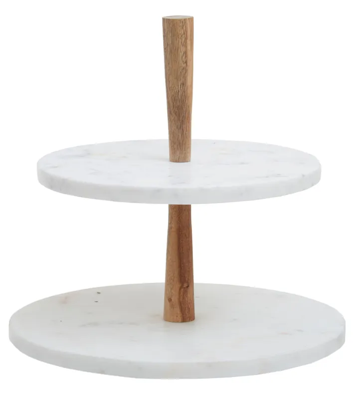 Monzaro Two Tier Marble and Acacia Wood Cake Stand - Orsina