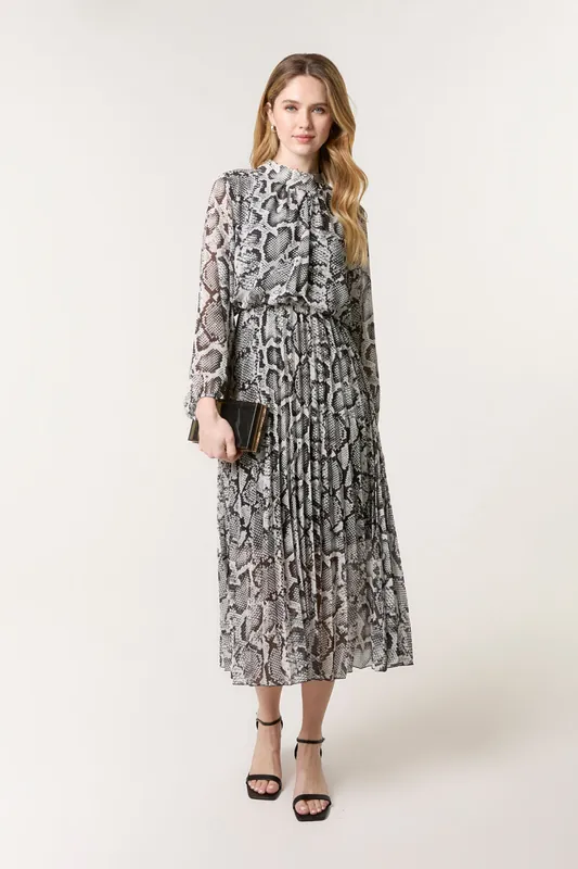 Black Snakeskin High Neck Pleat Dress - Blue Vanilla