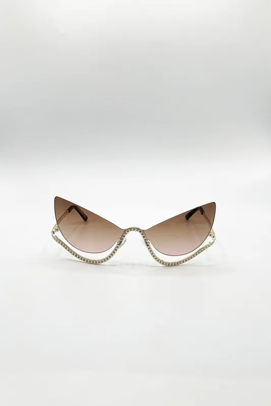 Butterfly Dimante Rimless Sunglasses In Brown - SVNX