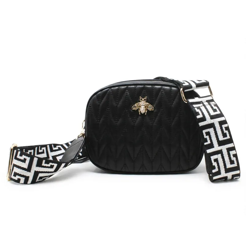 Bee Emblem Quilted Crossbody Camera Bag WIth Canvas Strap - Kitise