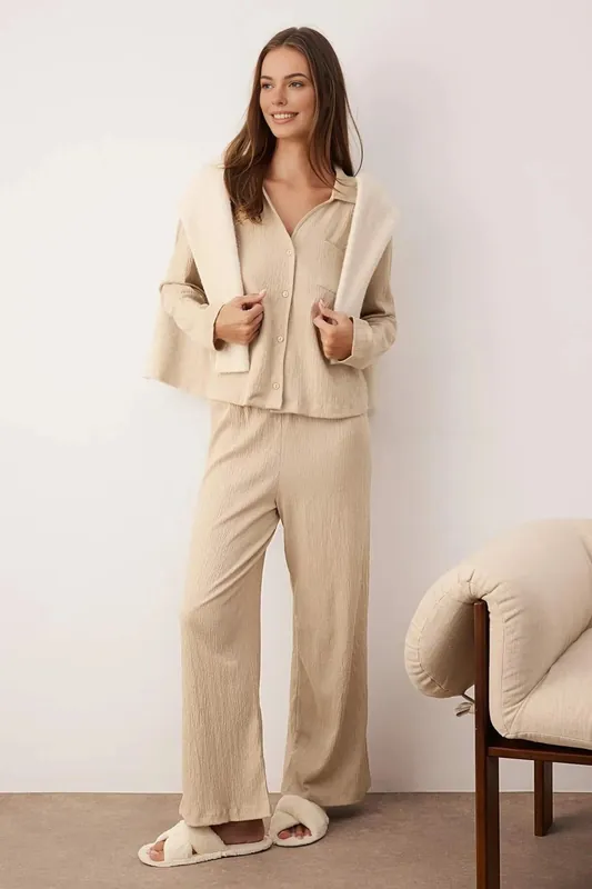 Crinkle Textured Revere Collar Long Sleeve Knit Wide Leg Pyjama Set - WOVCOR