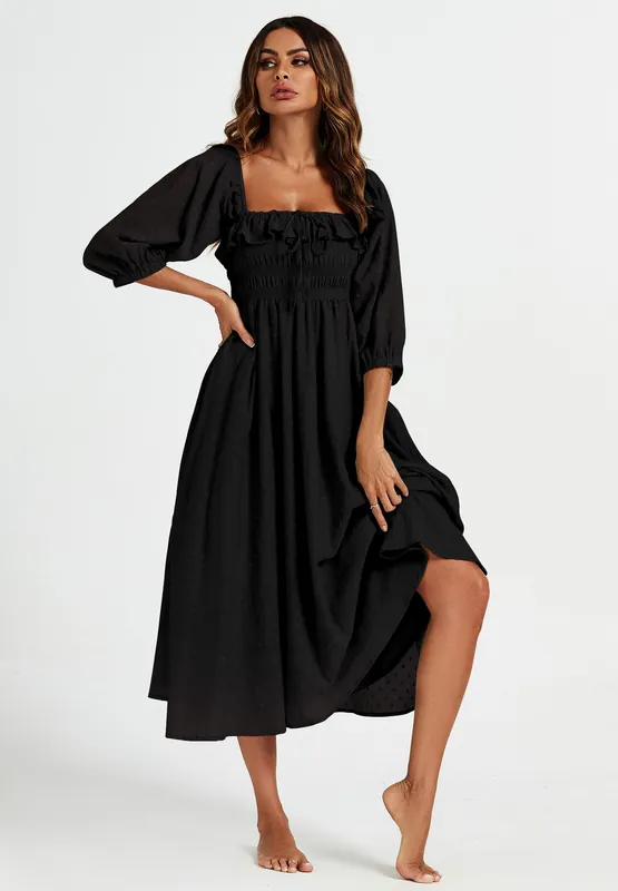 Frill Detail Square Neckline Midi Dress In Black - FS Collection