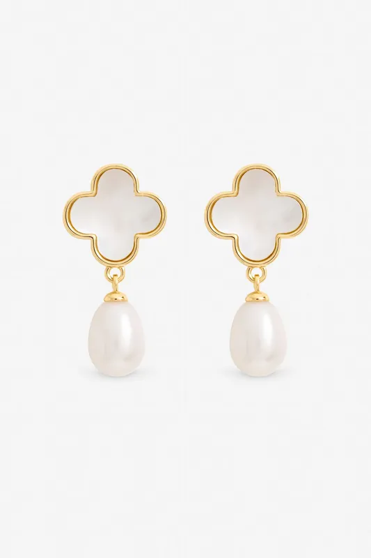 Gold Plated Mother of Pearl Clover and Pearl Drop Earrings - Jon Richard