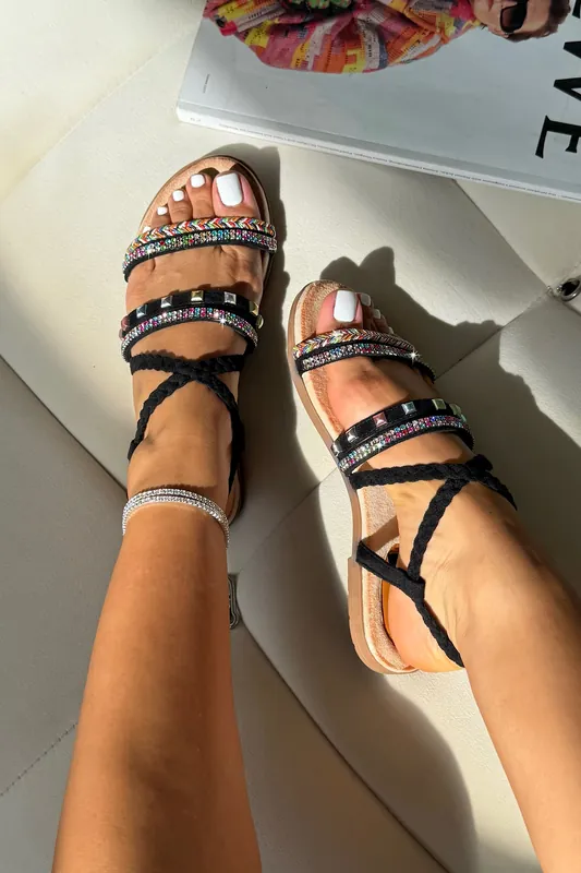 Sparkly Boho Gem Braided Strap Sandals - Love Lemonade