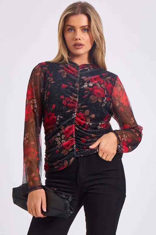 Red Mesh Printed Ruched Front Top - Gini London