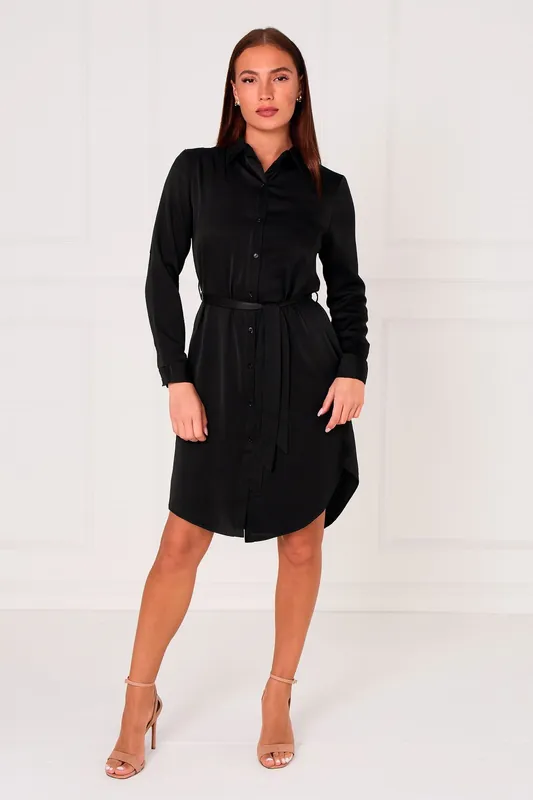 Black Silky Plain Mini Shirt Dress - Love Sunshine