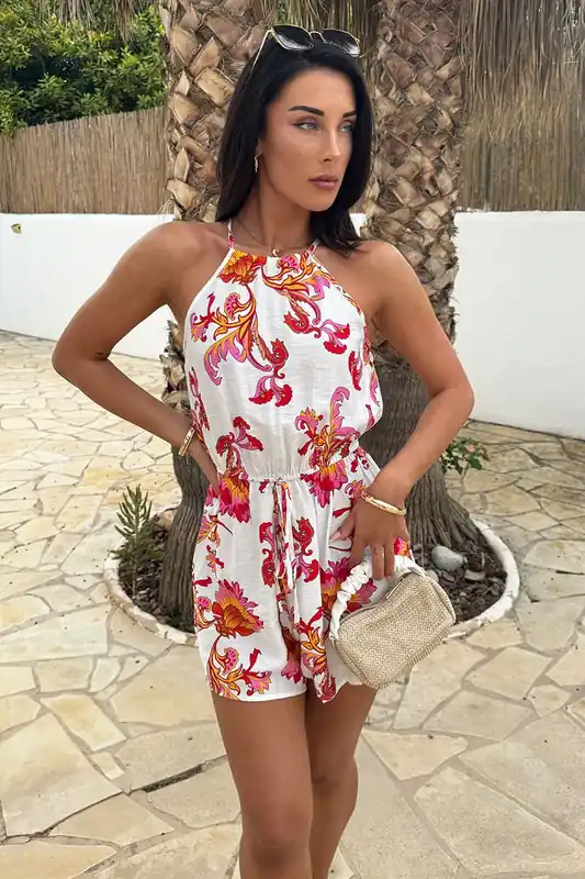 Pink And White Floral Print Racer Neck Playsuit - AX Paris
