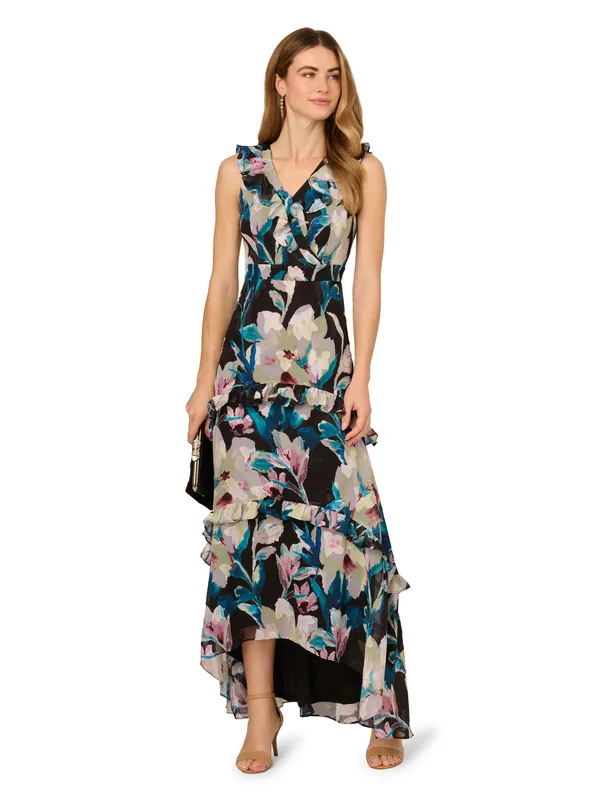 Floral Ruffle Chiffon Gown - Adrianna Papell