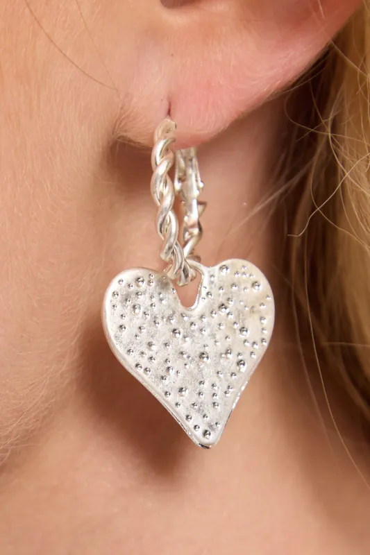 Textured Silver Heart Drop Earrings - Liquorish