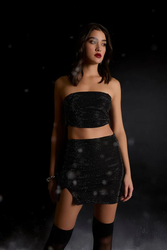 Split Front Diamante Mini Skirt - Pink Vanilla