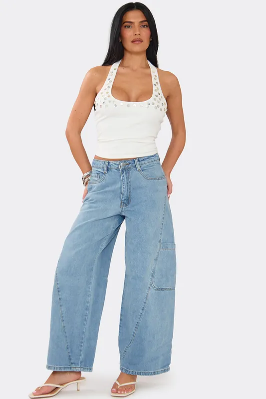 Wide Leg Denim Mid Rise Jeans - EGO