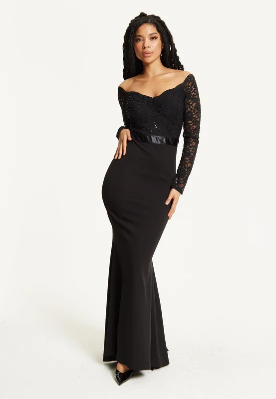 Black Lace Long Sleeve Maxi Dress - Liquorish