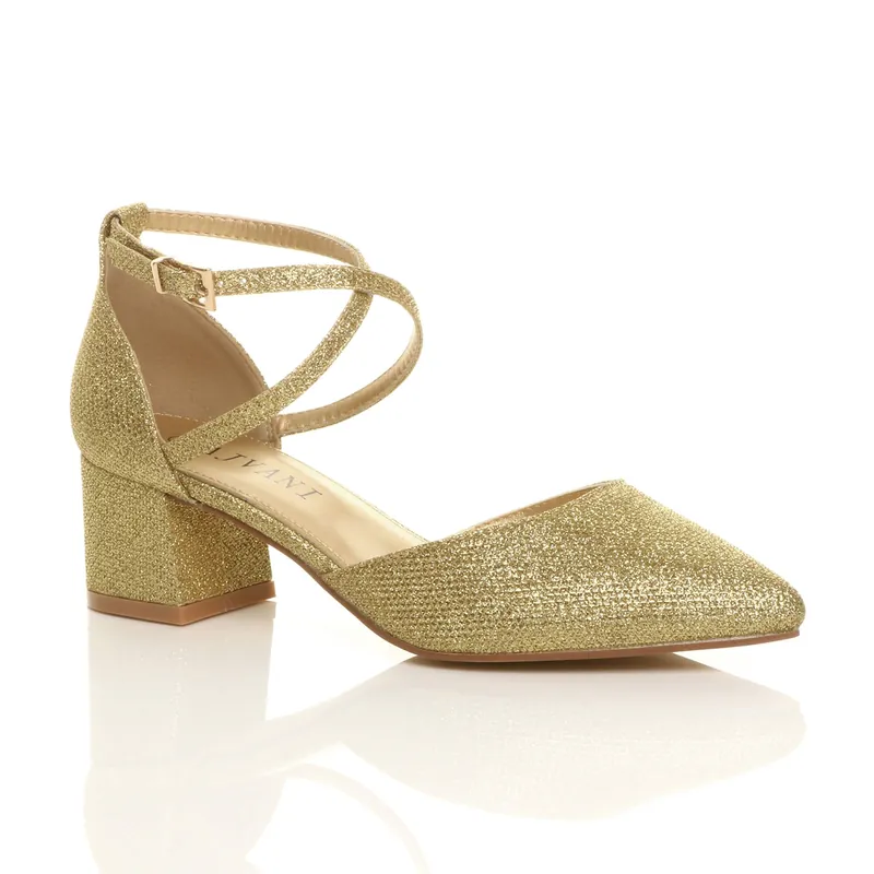 Mid Block Heel Crossed Straps Pointed Toe 2 Part Heels - AJVANI