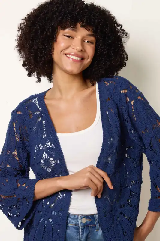 Navy Crochet Tie Front Cardigan - Blue Vanilla