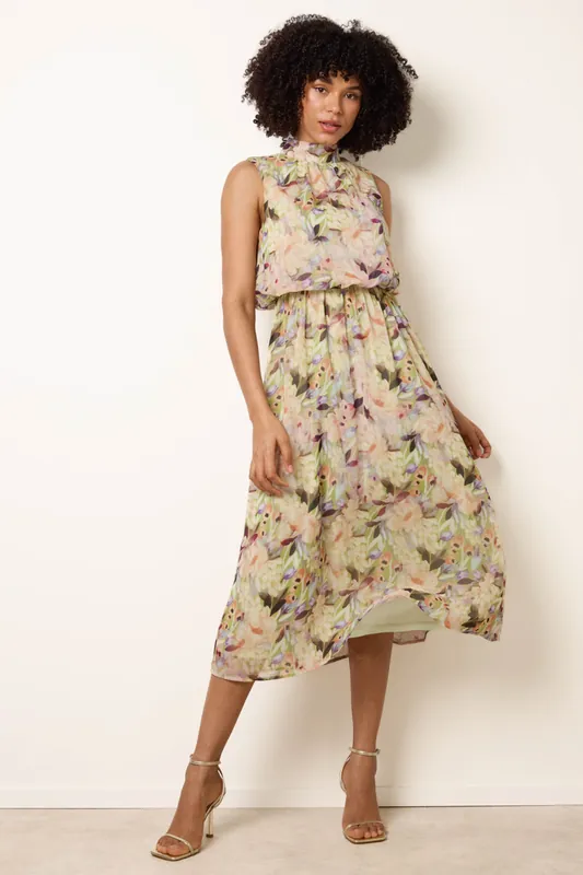 Green Watercolour Printed Sleeveless Midi Dress - Blue Vanilla