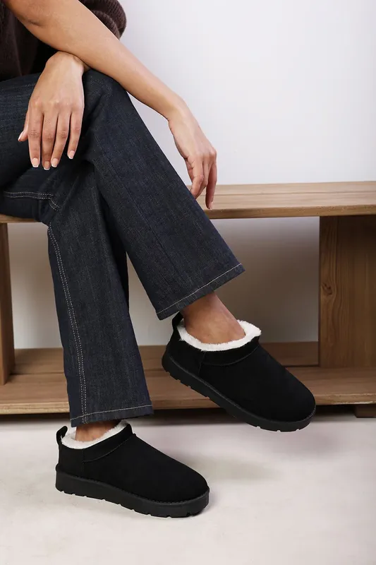 Avara' Cosy Fur Lined Suede Micro Ankle Mules - Where's That From