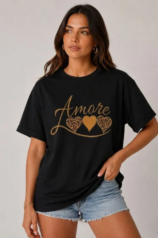Amore Leopard Heart Graphic - Oversized - T-Shirt