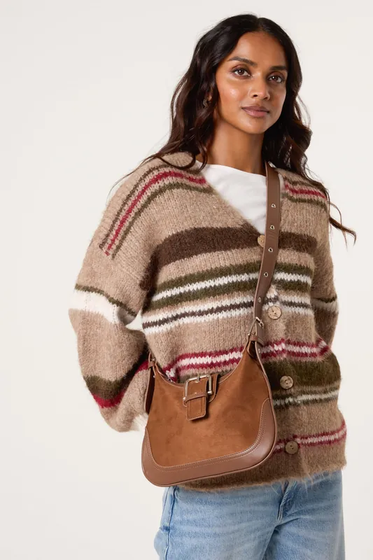 Light Brown Multi Stripe Knit Cardigan - Blue Vanilla