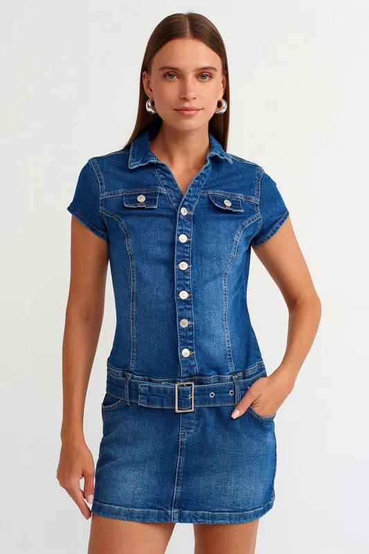 Belted Denim Mini Dress - Dilvin