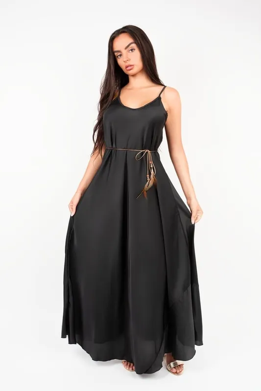 Liora Strappy Maxi Dress With Feather Tie Waist - IKRUSH