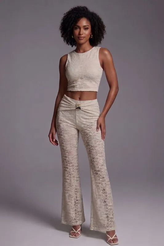 Lace Crop Top and Buckle Detail Flared Trouser Co-ord Set