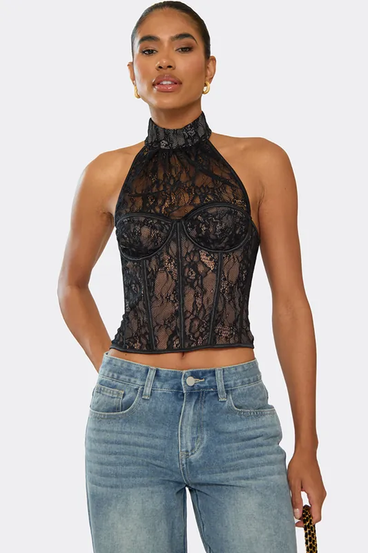 Sleeveless High Neck Underwired Lace Corset Top - EGO
