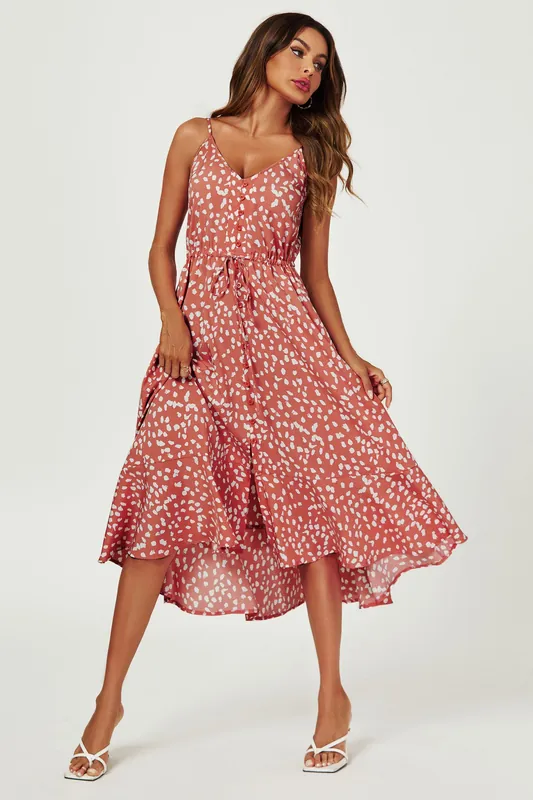 Button Down High Low Strappy Dress In Dusty Red - FS Collection