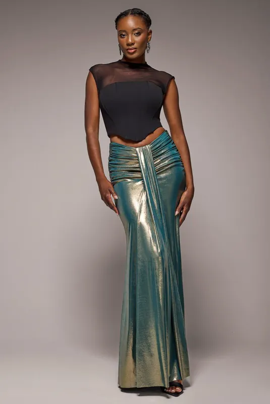 Gathered Front Dipped Waist Foil Maxi Skirt - Goddiva