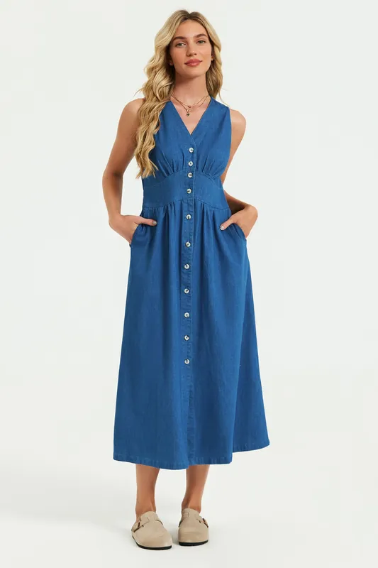 Button Down Denim Midi Dress In Blue - FS Collection
