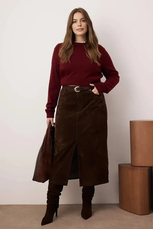 High Waist Split Front Midi Skirt with Structured Suede Look - WOVCOR
