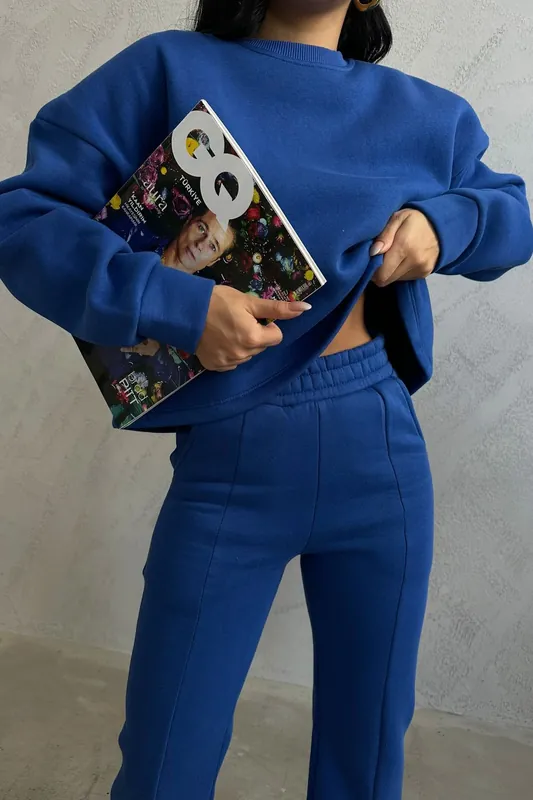 2 Pieces: Round Neck Basic Sweatshirt & High Waist Slit Sweatpant - Hiccup