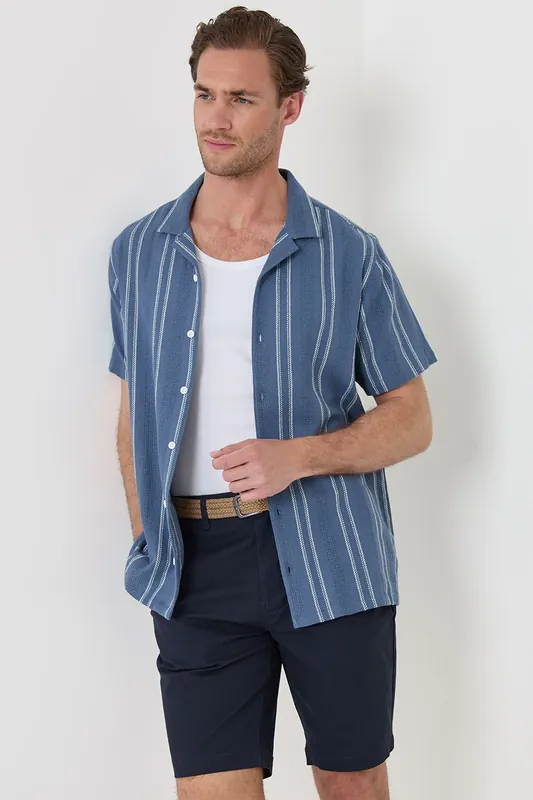 Stripe Knitted Cotton Blend Short Sleeve Shirt - Threadbare