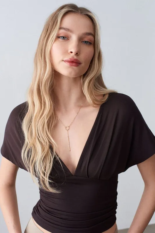 Slim Fit V-Neck Tie Detail Blouse