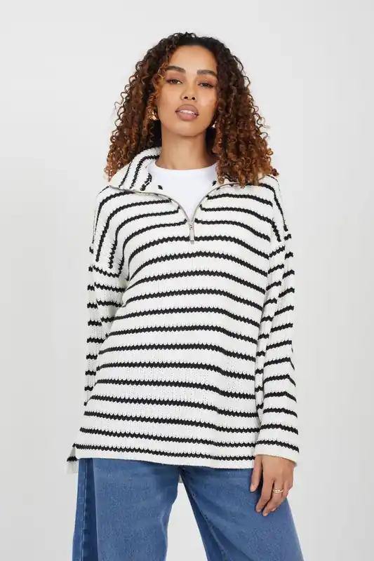 Half Zip Striped Fisherman Knit Jumper - Brave Soul