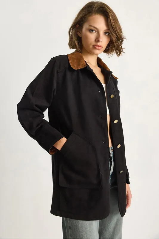 Gabardine Jacket with Faux Suede Collar - Bianco Lucci