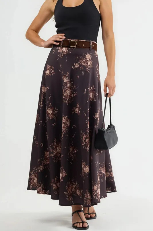 High Waist Floral Belted Maxi Skirt - QU Style