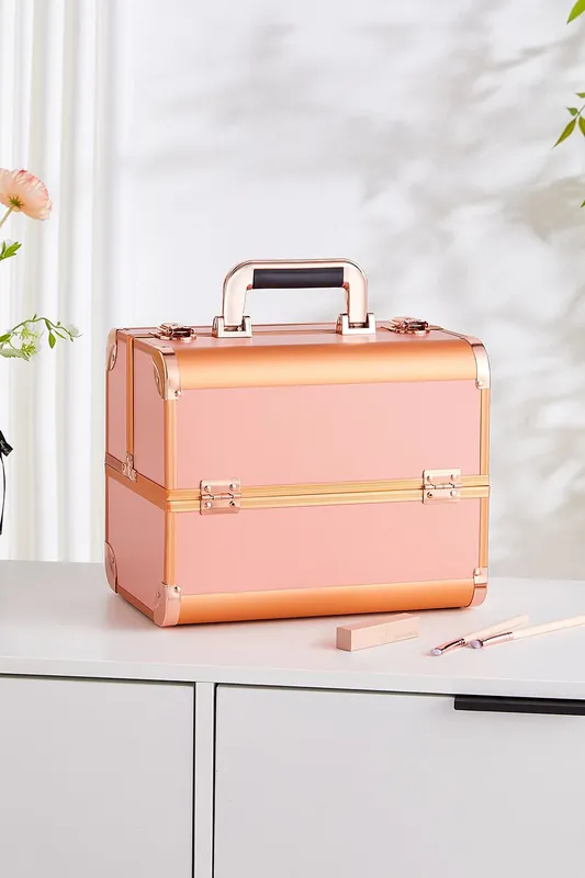 Gold Cosmetic Box 4 Trays with Compartments Professional Makeup Box Storage Organizer Case - SHEONLY